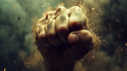 A close-up of a clenched fist, with dust and particles visible in the air around it. - obrazy, fototapety, plakaty