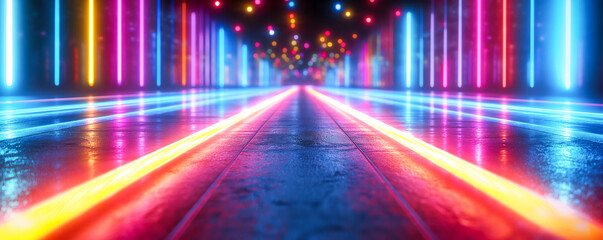 abstract colorful wallpaper, glowing neon lights on a night city street highway, concept for transportation