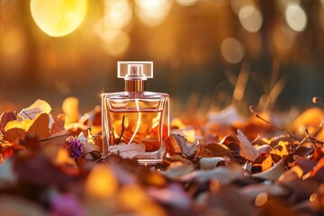 Transparent glass bottle of perfume on colorful fall leaves and autumnal flowers background....