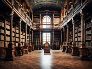 a large library with many bookshelves and a large window - obrazy, fototapety, plakaty