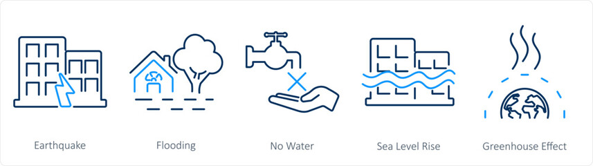 A set of 5 climate change icons as earthquake, flooding, no water