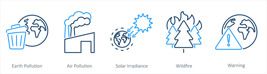 A set of 5 climate change icons as earth pollution, air pollution, solar irradiance