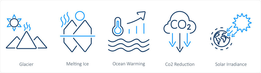 A set of 5 climate change icons as glacier, melting ice, ocean warming