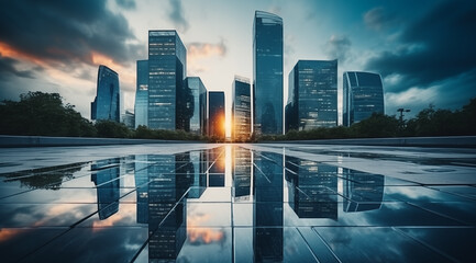 low angle view of modern skyscrapers at sunset.