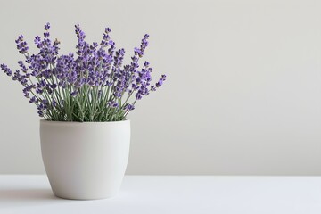 Beautiful lavender flowers in a white pot. Copy space generative AI. 