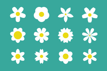 White Daisy Chamomile silhouette icon set. Camomile big set.Cute round flower plant collection. Love card symbol. Simple different shape. Growing concept. Flat design. Isolated. Green background. - 722880022