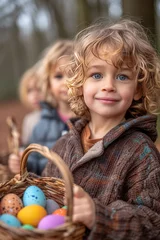 Sierkussen Cute little boy with a basket full of colorful Easter eggs in his hands. Easter egg hunt game concept. © Anna Lurye