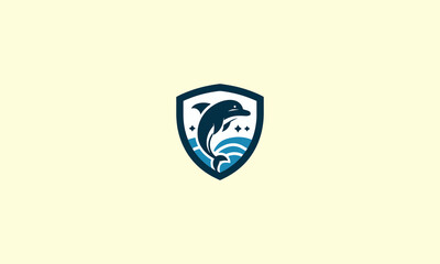 jump dolphin on sea and shield vector logo design