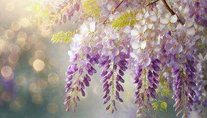 Piękne kwiaty ozdobnego pnącza Wisterii. Tapeta, dekoracja. Generative AI - obrazy, fototapety, plakaty