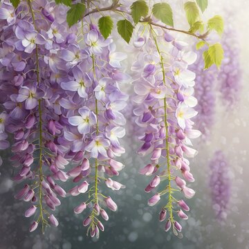 Piękne kwiaty ozdobnego pnącza Wisterii. Tapeta, dekoracja. Generative AI