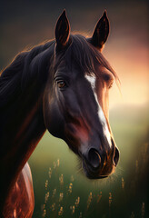 Portrait of a horse in the pasture. AI generated