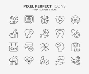 Line icons about employee benefits. Outline symbol collection. Editable vector stroke. 64x64 Pixel Perfect.