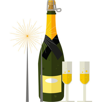 Champagne bottle with glasses vector icon isolated on white