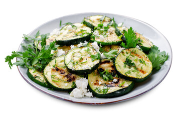 Grilled Zucchini, Feta and Herbs Warm Appetizer on White Background