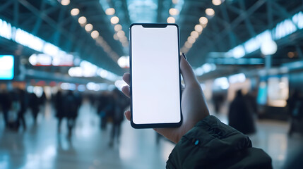 Hand holding an isolated smartphone device with blank empty white screen at the airport station, travel business communication technology concept - obrazy, fototapety, plakaty