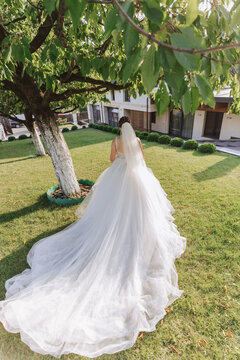 Photo from the back. A beautiful young woman in a white wedding dress is smiling on a warm wedding summer day