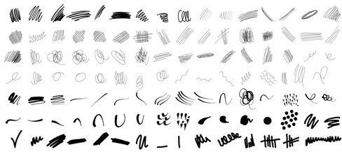 Naklejka premium Mega pack of graphite pencil strokes, charcoal scribbles, lines and ink dots vector bundle