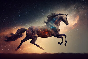 Horse of stars and fog in the night sky. AI generated