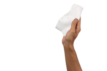Black male hand holding cleaning cloth isolated, no background.