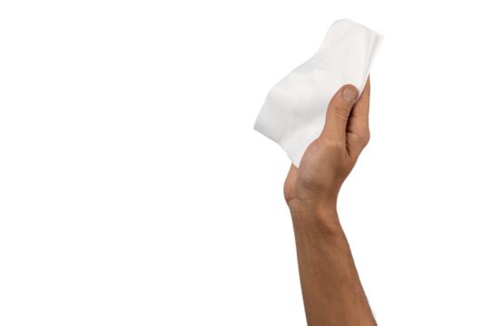 Black male hand holding cleaning cloth isolated, no background.