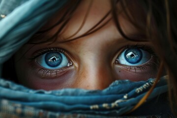 Beautiful blue eyes of poor, hungry girl. Poverty, misery, migrants, homeless people, war concept, Generative AI 