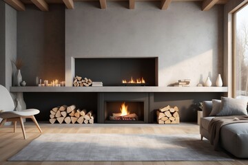 Scandinavian style interior with fireplace, niches in wall where wood is stored - obrazy, fototapety, plakaty