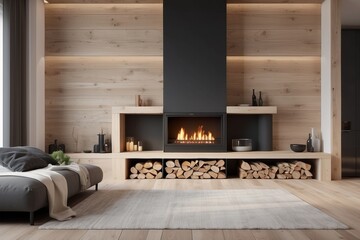 Scandinavian style interior with fireplace, niches in wall where wood is stored - obrazy, fototapety, plakaty