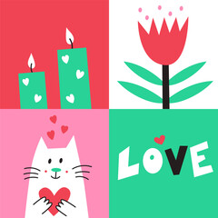 Vector modern illustration. Valentines Day poster with doodle lettering and cute design elements. 