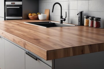 Custom made wood countertop with in Kitchen minimalist home appliance - obrazy, fototapety, plakaty