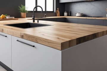 Custom made wood countertop with in Kitchen minimalist home appliance - obrazy, fototapety, plakaty