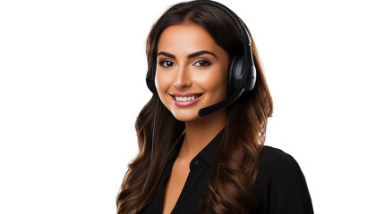Fototapeta premium Beautiful female customer service representative in headset consulting clients online. Call center agent. Generative AI