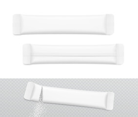 Blank stick package bag mockups. Flat lay view. Vector illustration isolated on white and transparent background. Can be use for food, cosmetic, pharmacy and etc. EPS10.