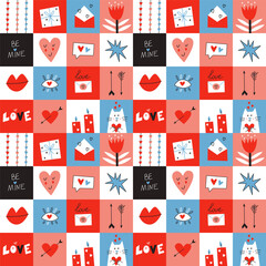 Seamless pattern with St Valentine Day elements in squares. Modern flat cute background. Vector illustration