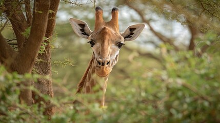 The head of a giraffe is higher than the leaves of an acacia tree - obrazy, fototapety, plakaty