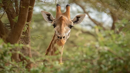 Gordijnen The head of a giraffe is higher than the leaves of an acacia tree © cherezoff