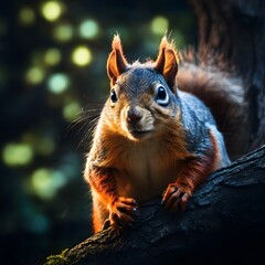  Squirrel's Delight in the Forest Canopy-Step into the enchanting world of "Whimsical Woodland Encounter," where a delightful squirrel perches on a branch, creating a heartwarming scene.