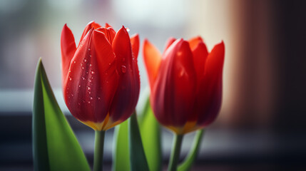Fototapeta premium two red tulips with a blurry background