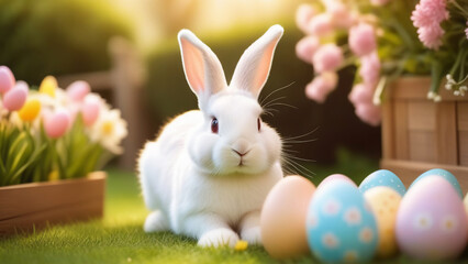 white rabbit is peacefully sitting on a lawn surrounded by colorful Easter eggs and blooming flowers, capturing a classic springtime scene.