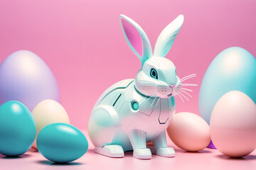 White rabbit robot sits among multi-colored Easter eggs, poised on a soft pink backdrop,...