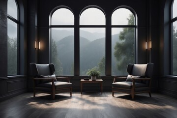 Dark waiting room interior with two armchairs and panoramic window,