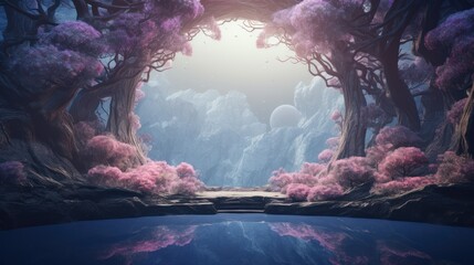 Fantasy background, abstract landscape with foggy forest and copy-space. Neon lights, pink and blue colors.