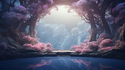Foto op Aluminium Fantasy background, abstract landscape with foggy forest and copy-space. Neon lights, pink and blue colors. © vlntn