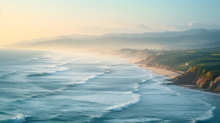 Obraz premium A picturesque coastline, with waves crashing on sandy shores as the background, during a sunny summer day