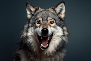 Happy surprised wolf with open mouth. - obrazy, fototapety, plakaty