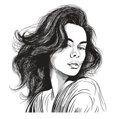 Vector portrait of a fashionable young beautiful girl with tousled hair. Vector dotted black and white female portrait.