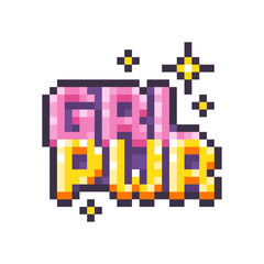 Girl power inscription isolated on white background. GRL PWR pixel icon. Feminist slogan, quote or phrase. T-shirt design idea. Vector pixel art illustration in 8-bit old style.