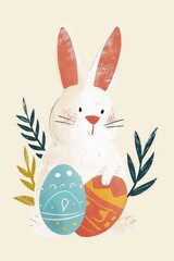 An Easter card featuring a delightful bunny, eggs, and vibrant blossoms.