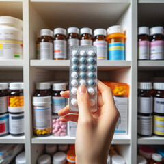 Woman hand holding blister packs of pills on shelf in pharmacy drugstore