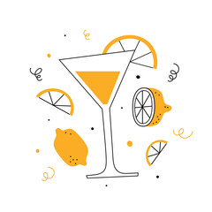 Illustration for the menu – glass of the drink. Simple lemonade illustration isolated on a white background. Summer vector elements.
