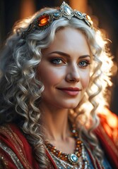 Portrait of a beautiful blonde-haired shamanic Slavic woman dressed in traditional costume, decorated with beads and jewelry. AI generative illustration